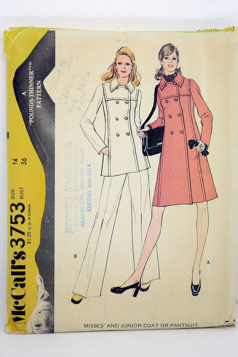 1970s Uncut Vintage McCalls 3753 Pantsuit Coat & Trousers Sewing Pattern