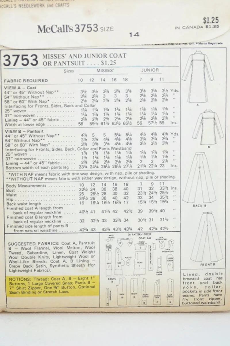 1970s Uncut Vintage McCalls 3753 Pantsuit Coat & Trousers Sewing Pattern