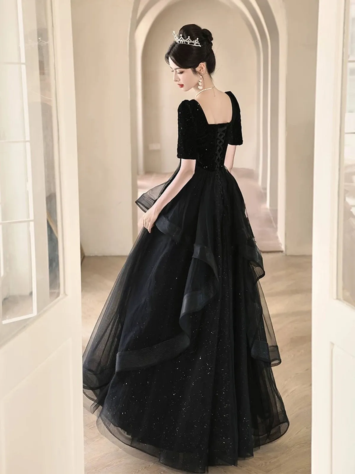 A-line Black Layers Short Sleeves Prom Dress, Black Velvet and Tulle Party Dress