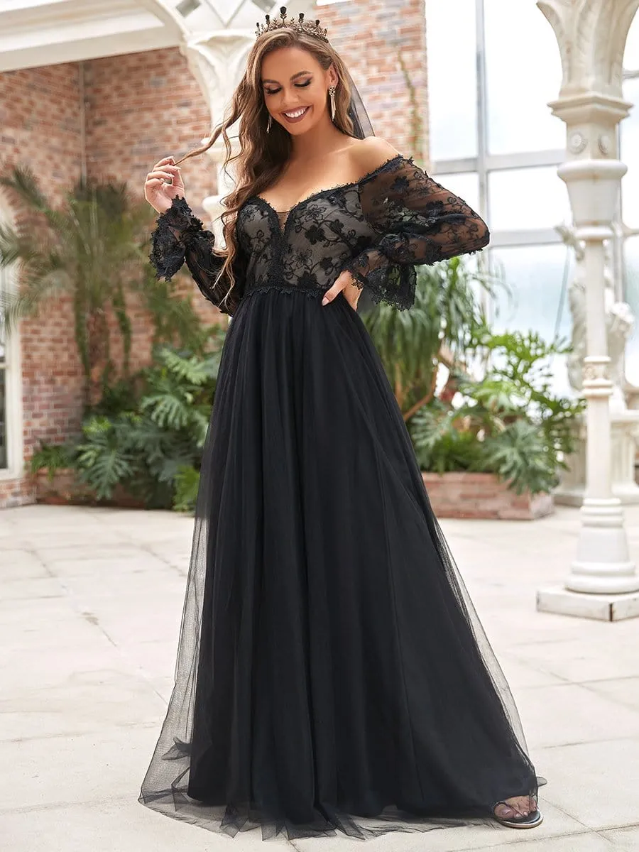 A-Line Off Shoulder Lantern Sleeve Black Wedding Dress