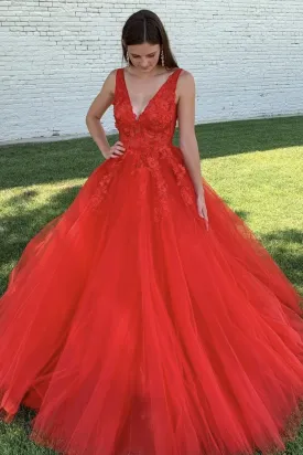 A Line V Neck Open Back Red Lace Long Prom Dress, Backless Red Formal Dress, Red Lace Evening Dress