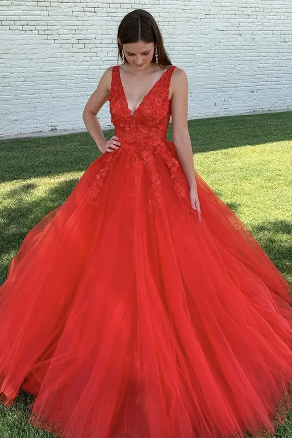 A Line V Neck Open Back Red Lace Long Prom Dress, Backless Red Formal Dress, Red Lace Evening Dress