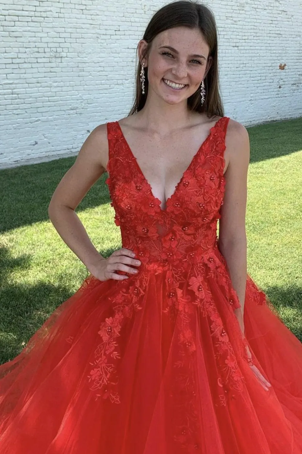 A Line V Neck Open Back Red Lace Long Prom Dress, Backless Red Formal Dress, Red Lace Evening Dress