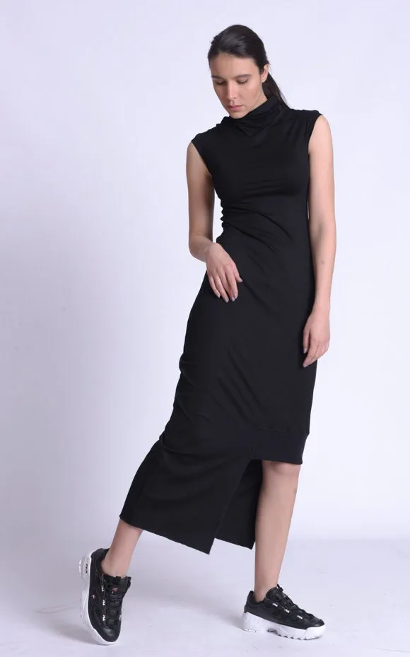 Black Asymmetric Mock Neck Dress