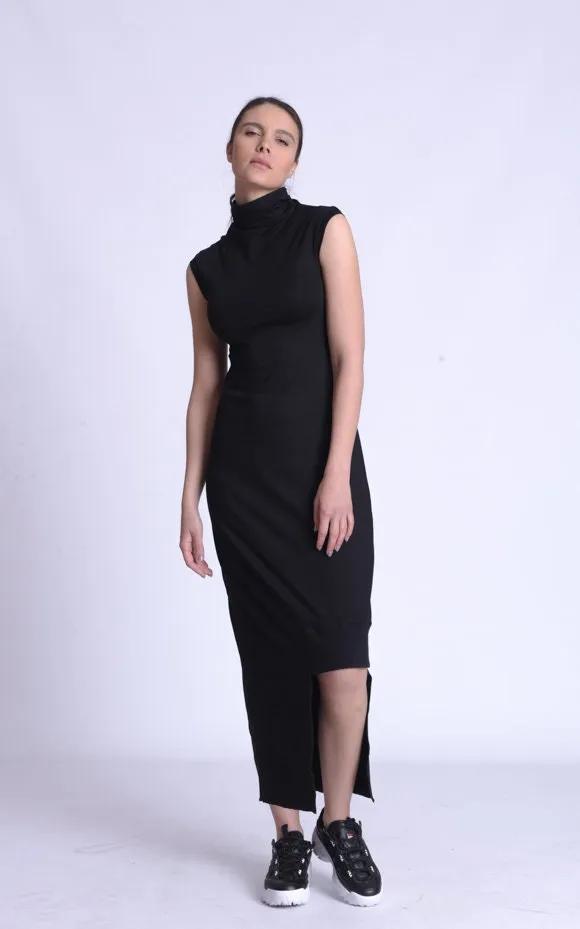 Black Asymmetric Mock Neck Dress