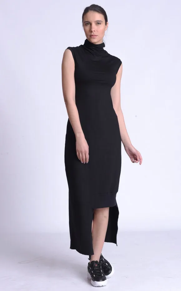 Black Asymmetric Mock Neck Dress