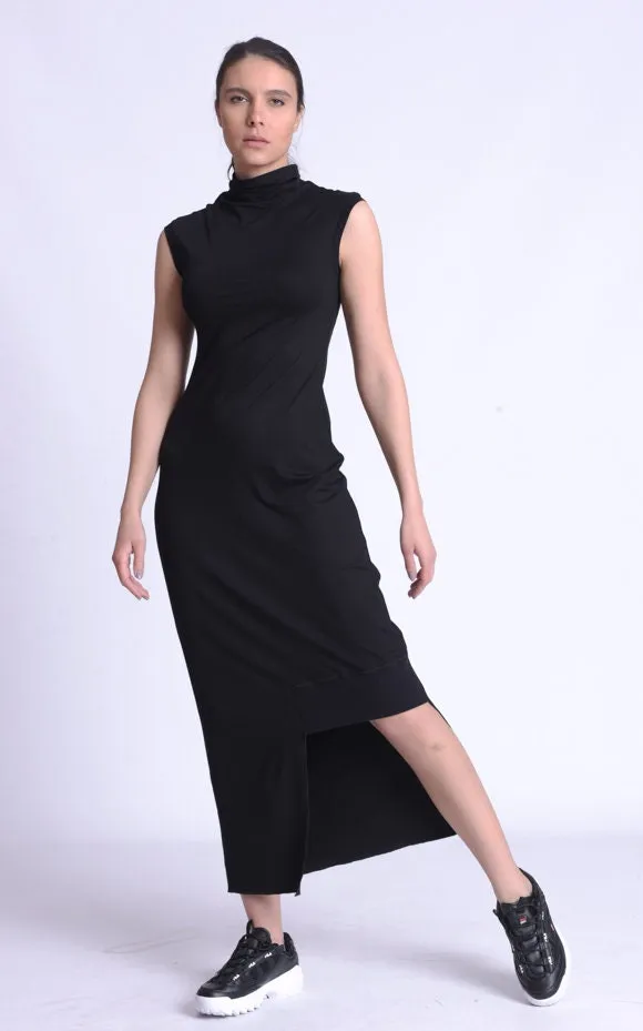 Black Asymmetric Mock Neck Dress