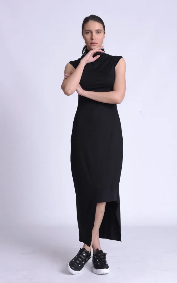 Black Asymmetric Mock Neck Dress