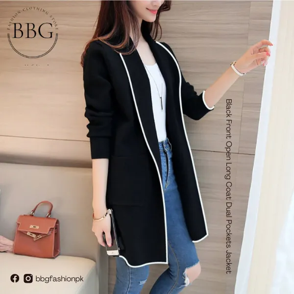 Black Front Open Long Coat Dual Pockets Jacket