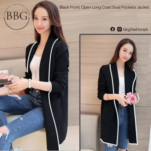 Black Front Open Long Coat Dual Pockets Jacket