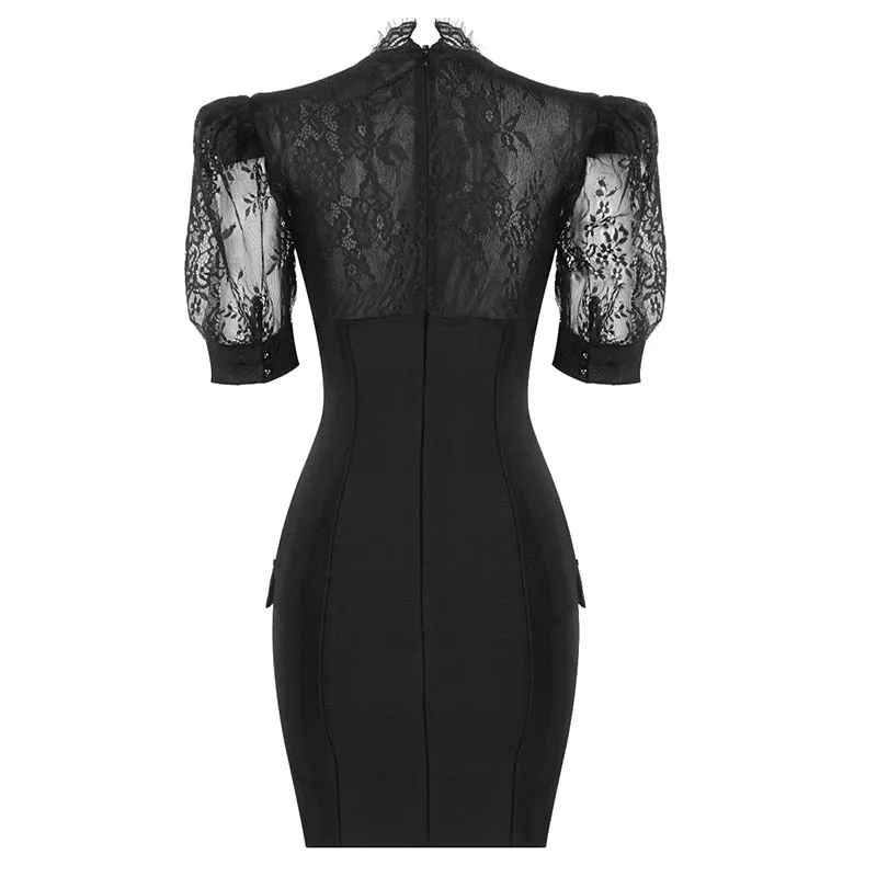 Black Lace Puff Sleeve Bandage Dress