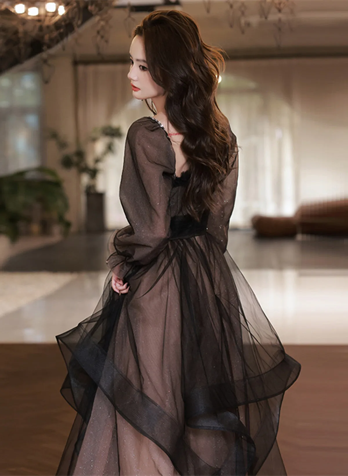 Black Long Sleeves Tulle Sweetheart Party Dress, A-line Black Evening Dress Prom Dress