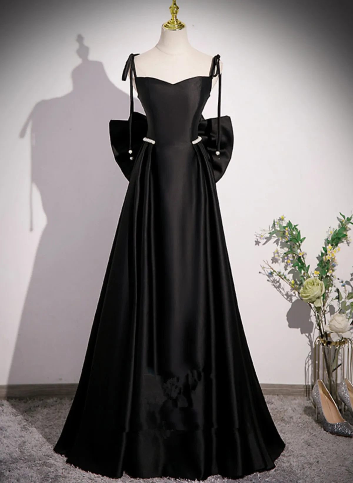 Black Satin A-line Floor Length Prom Dress, Black Satin Long Evening Dress