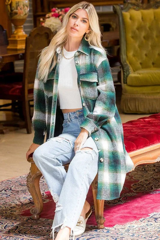 Button Down Long Plaid Coat