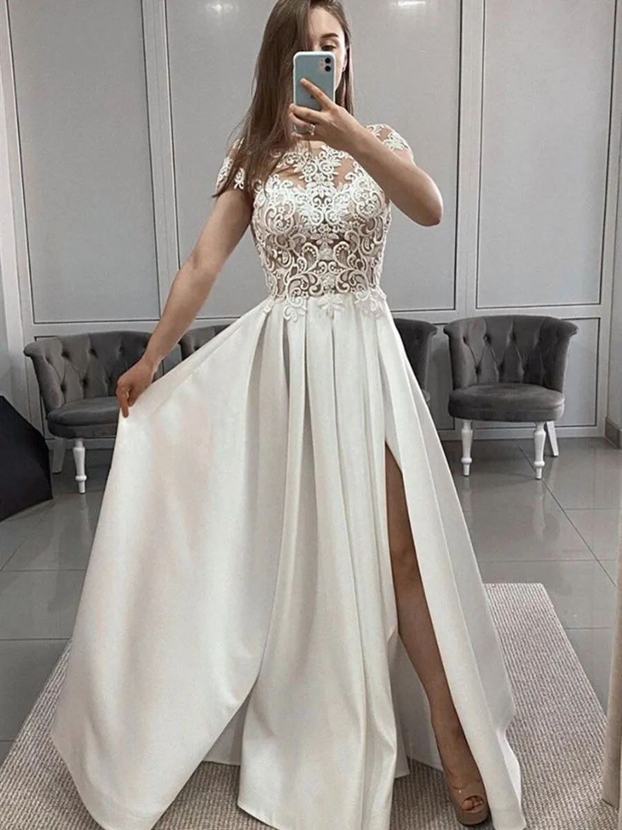 Cap Sleeves White Lace Long Prom with Slit, White Lace Formal Graduation Evening