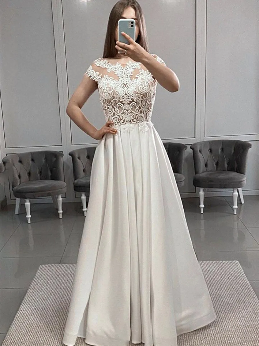 Cap Sleeves White Lace Long Prom with Slit, White Lace Formal Graduation Evening