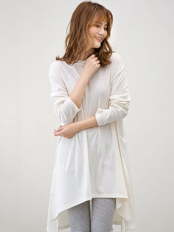 Casual High-Low Long Sleeves Solid Color Round-Neck T-Shirts Tops