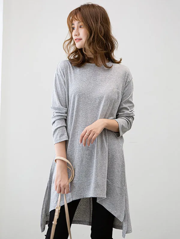 Casual High-Low Long Sleeves Solid Color Round-Neck T-Shirts Tops