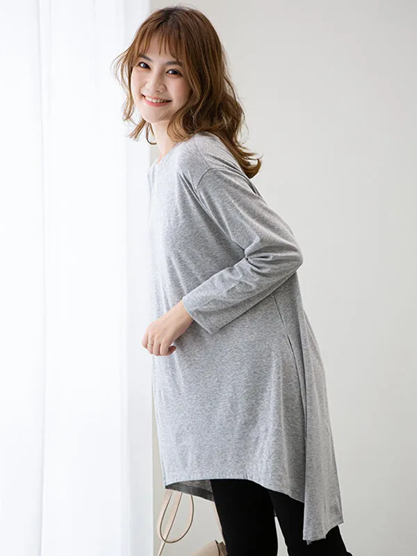 Casual High-Low Long Sleeves Solid Color Round-Neck T-Shirts Tops