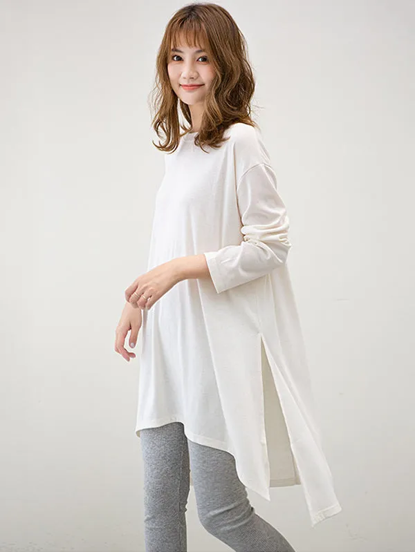 Casual High-Low Long Sleeves Solid Color Round-Neck T-Shirts Tops