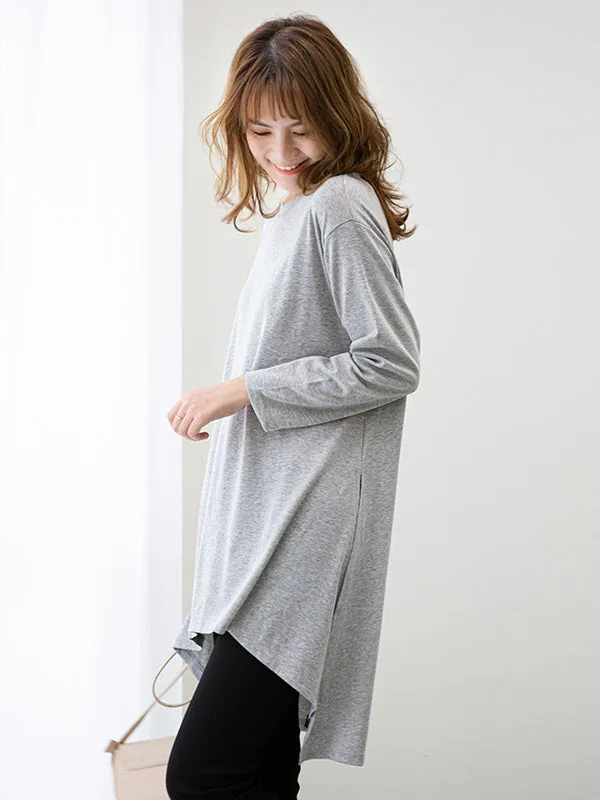 Casual High-Low Long Sleeves Solid Color Round-Neck T-Shirts Tops