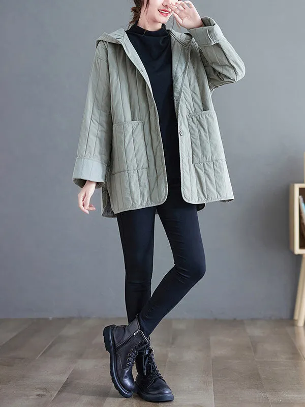 Casual Long Sleeves Loose Buttoned Keep Warm Solid Color Hooded Padded Coat/Down Coat