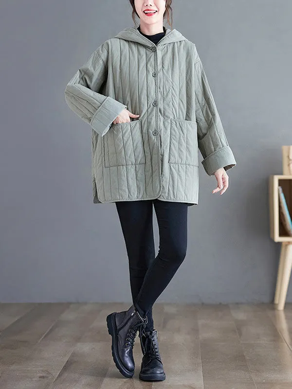 Casual Long Sleeves Loose Buttoned Keep Warm Solid Color Hooded Padded Coat/Down Coat