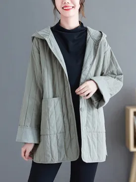 Casual Long Sleeves Loose Buttoned Keep Warm Solid Color Hooded Padded Coat/Down Coat