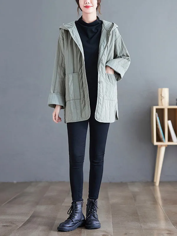 Casual Long Sleeves Loose Buttoned Keep Warm Solid Color Hooded Padded Coat/Down Coat