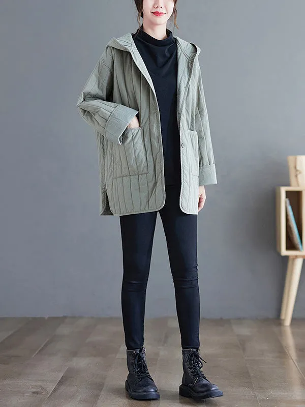 Casual Long Sleeves Loose Buttoned Keep Warm Solid Color Hooded Padded Coat/Down Coat