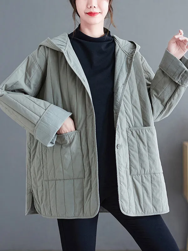 Casual Long Sleeves Loose Buttoned Keep Warm Solid Color Hooded Padded Coat/Down Coat