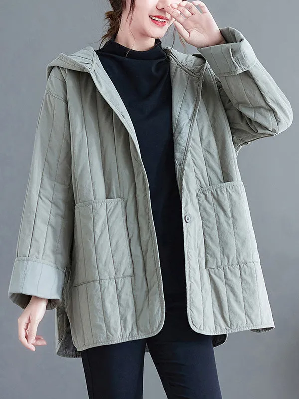 Casual Long Sleeves Loose Buttoned Keep Warm Solid Color Hooded Padded Coat/Down Coat