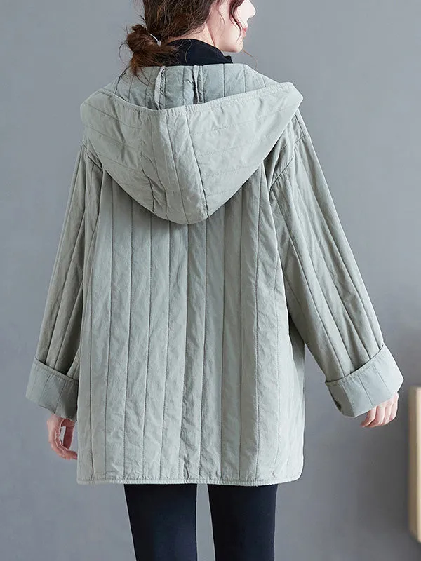 Casual Long Sleeves Loose Buttoned Keep Warm Solid Color Hooded Padded Coat/Down Coat