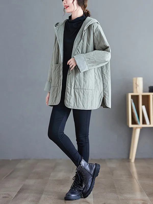 Casual Long Sleeves Loose Buttoned Keep Warm Solid Color Hooded Padded Coat/Down Coat