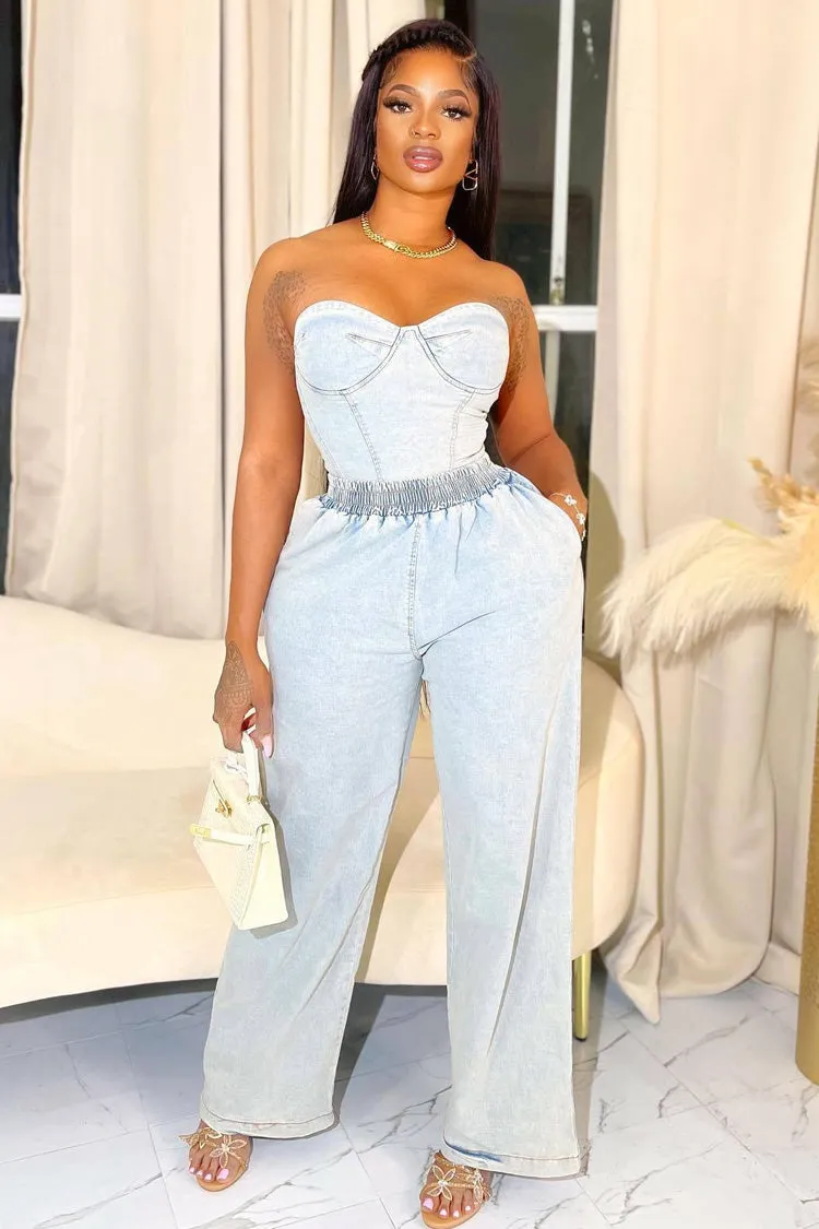 Chic Crop Tube Top High Rise Wide Leg Summer Two Piece Denim Jumpsuit