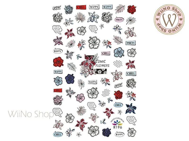 Comic Flowers Adhesive Nail Art Sticker - 1 pc (R196)