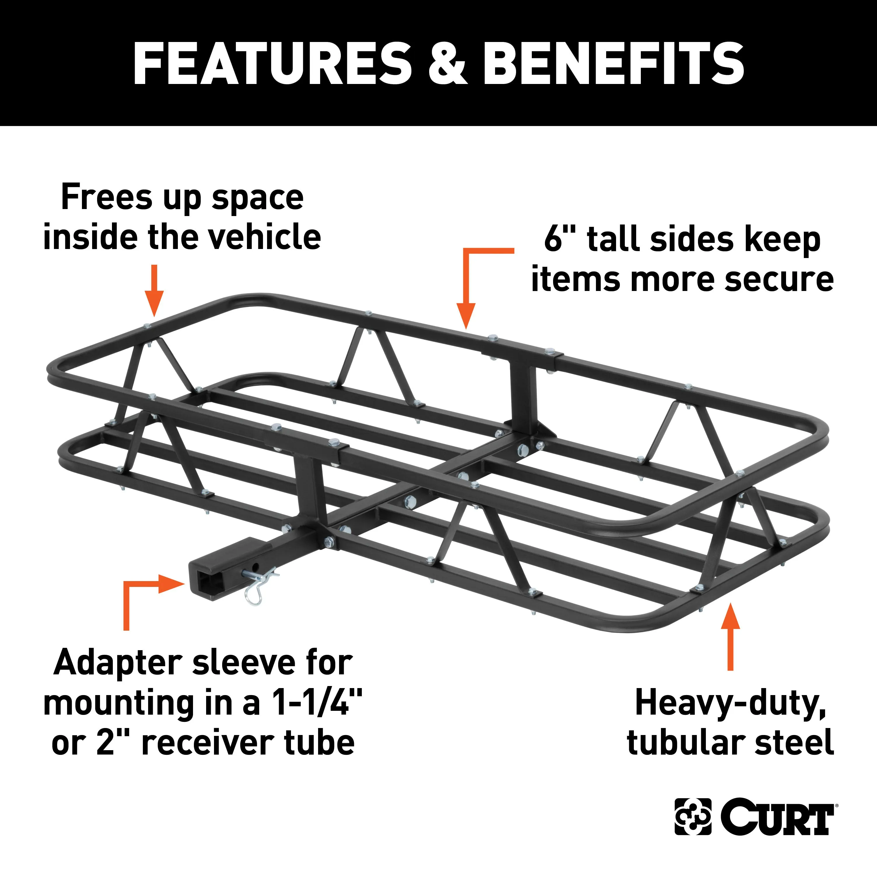 CURT 18145 48in. x 20in. Black Steel Basket Cargo Carrier (1-1/4in.; 2in. Adapter; 500 lbs.