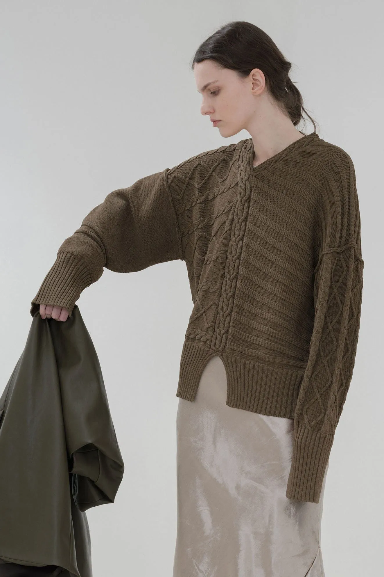 Deconstructed Cable Knit Sweater - Olive