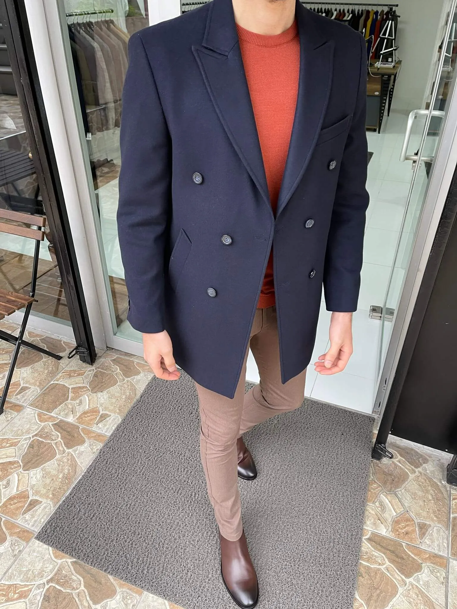 Double Breasted Navy Blue Wool Coat