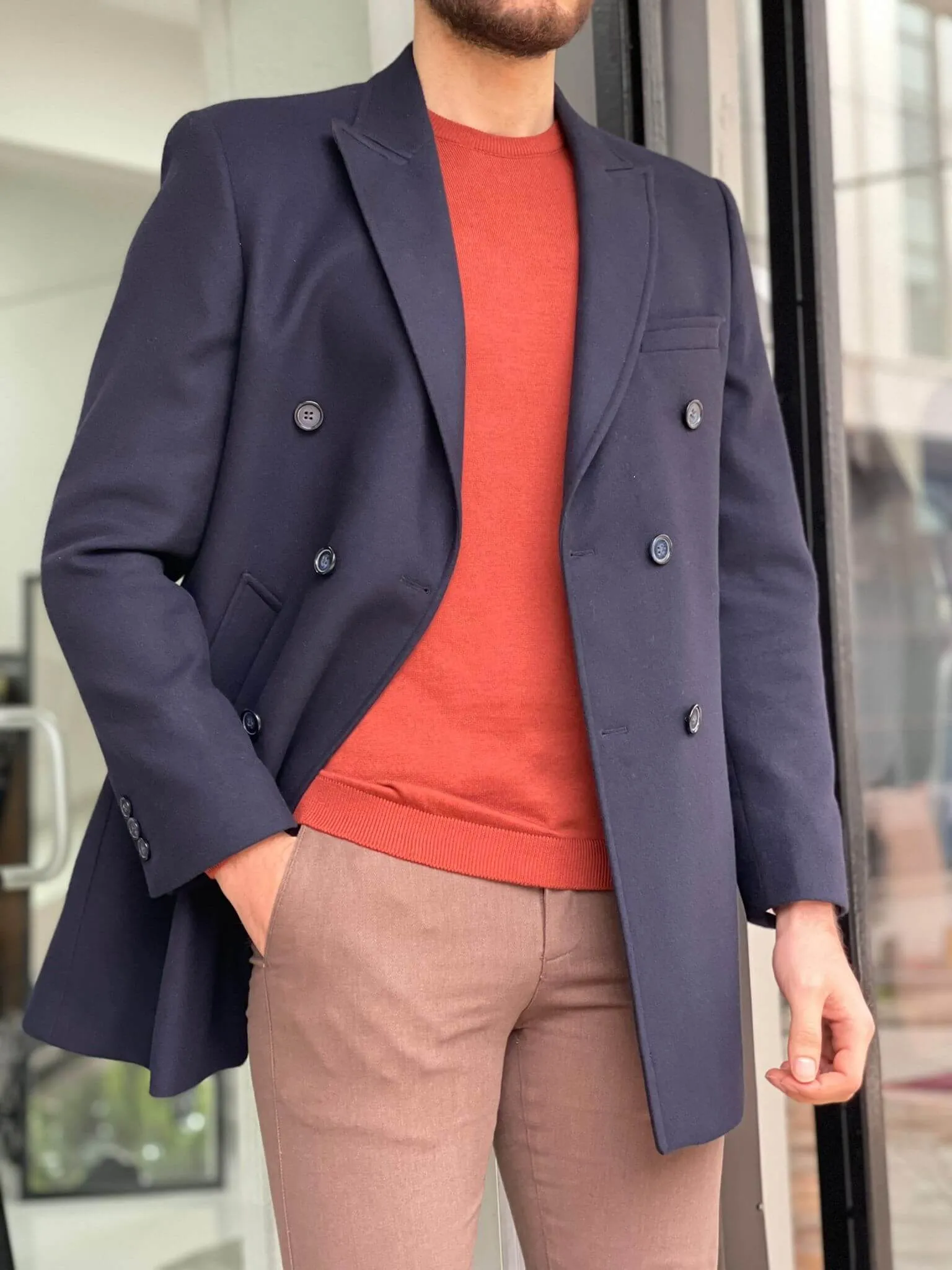 Double Breasted Navy Blue Wool Coat