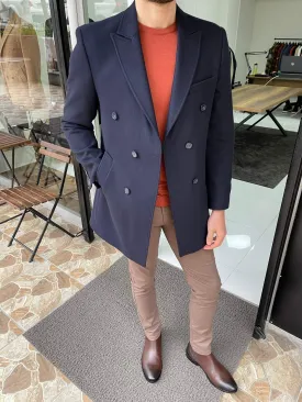 Double Breasted Navy Blue Wool Coat