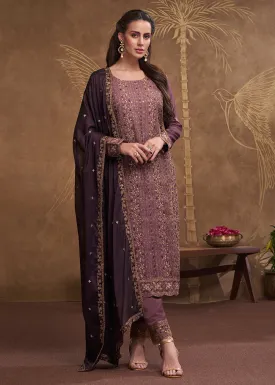 Dreamy Purple Embroidered Art Silk Festive Pant Style Suit