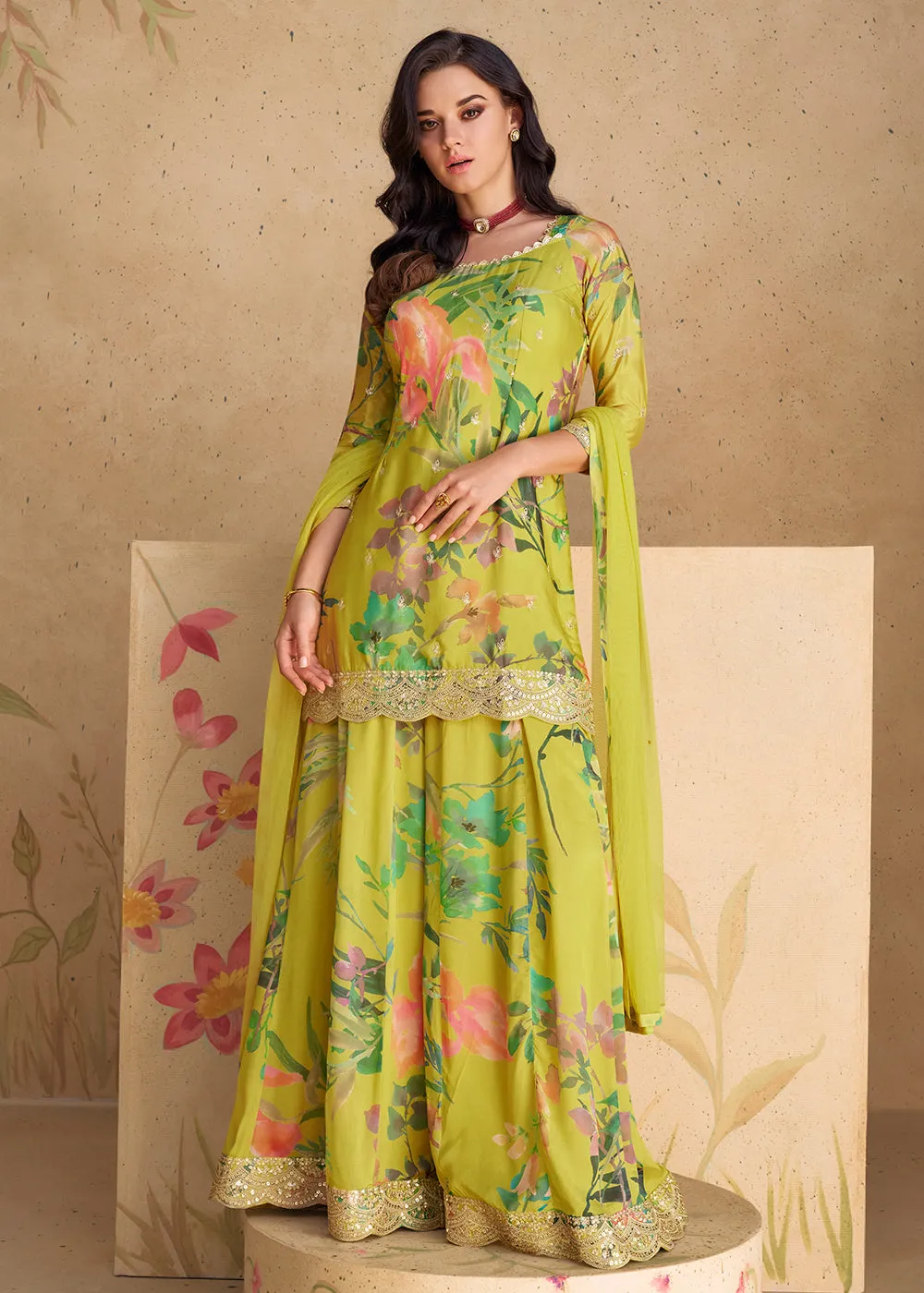 Festive Party Green Real Chinnon Silk Palazzo Suit