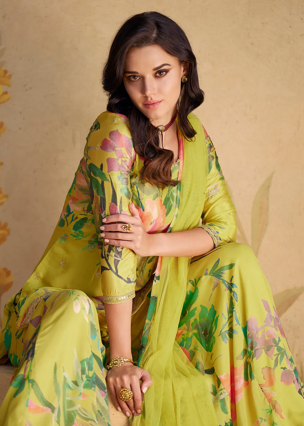 Festive Party Green Real Chinnon Silk Palazzo Suit