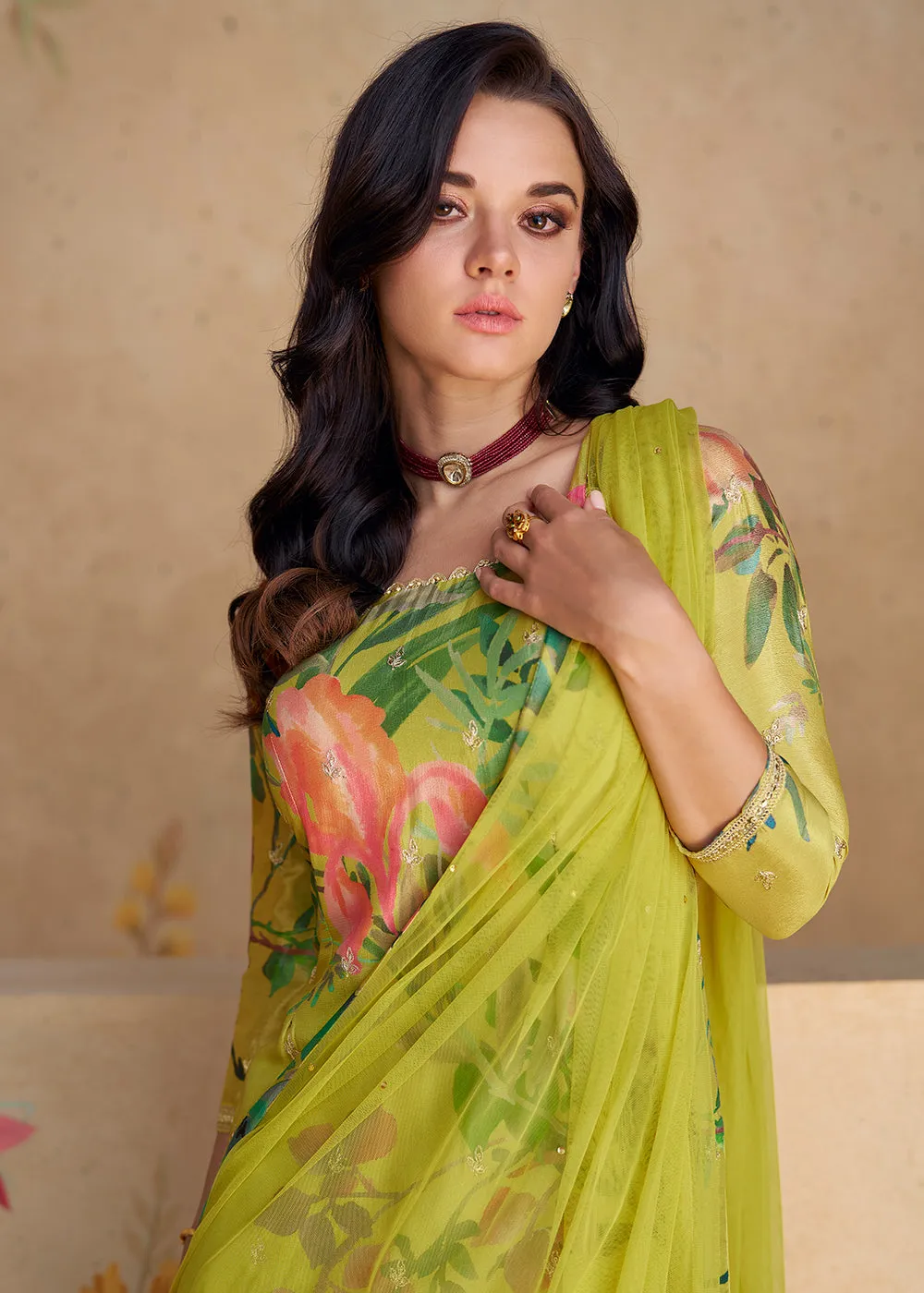 Festive Party Green Real Chinnon Silk Palazzo Suit