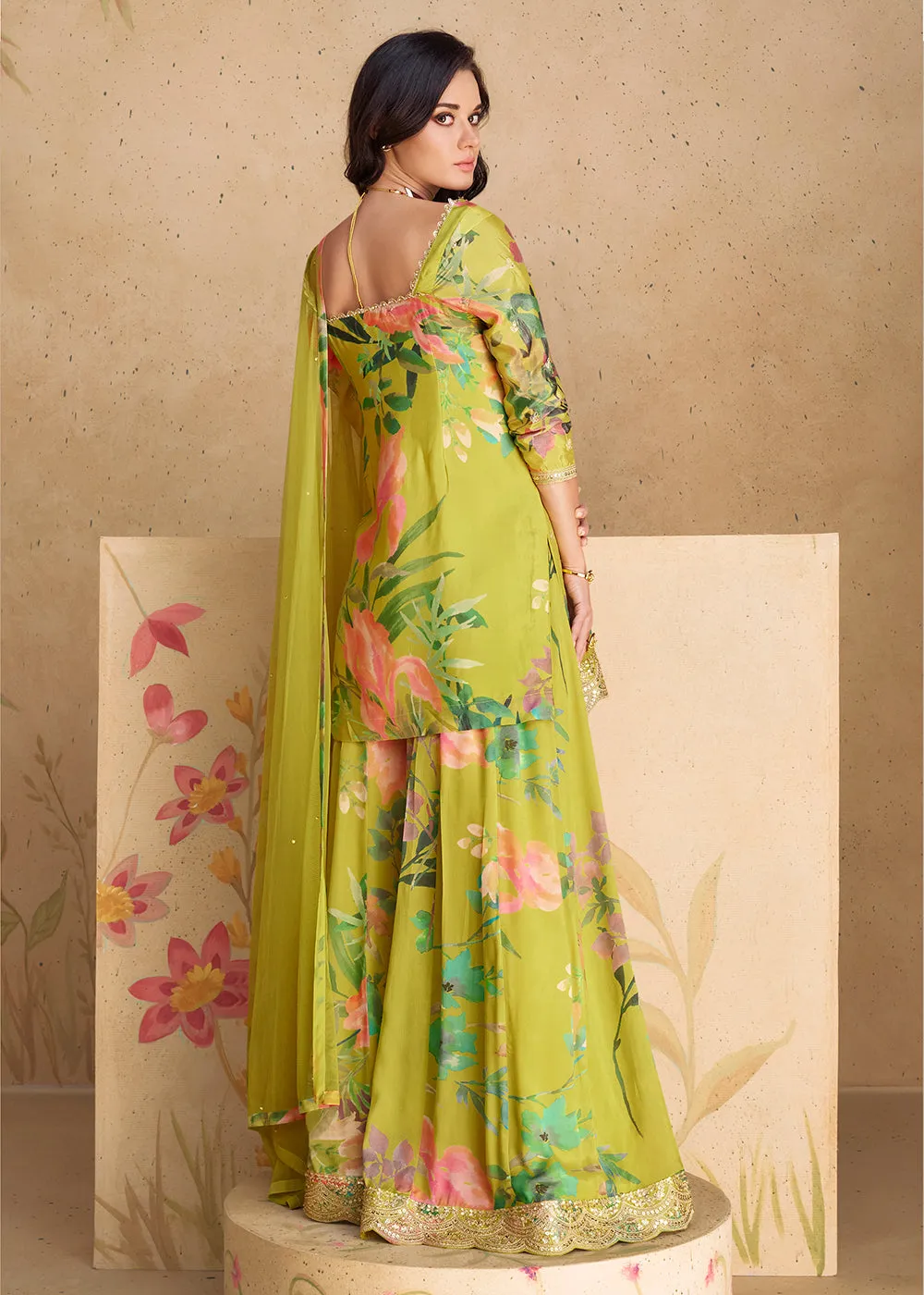 Festive Party Green Real Chinnon Silk Palazzo Suit