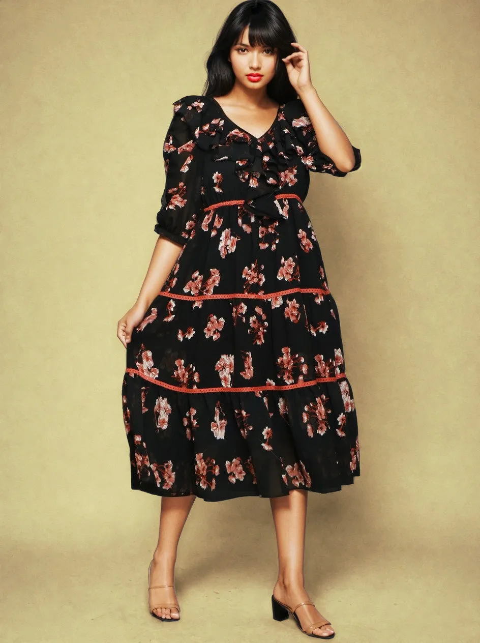 Floral Print Georgette V-Neck Puff Sleeves Opaque Fit & Flare Midi Dress