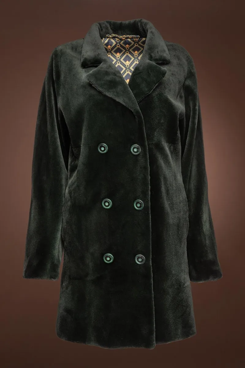 Hunter Green Sheared Mink Fur Pea Coat