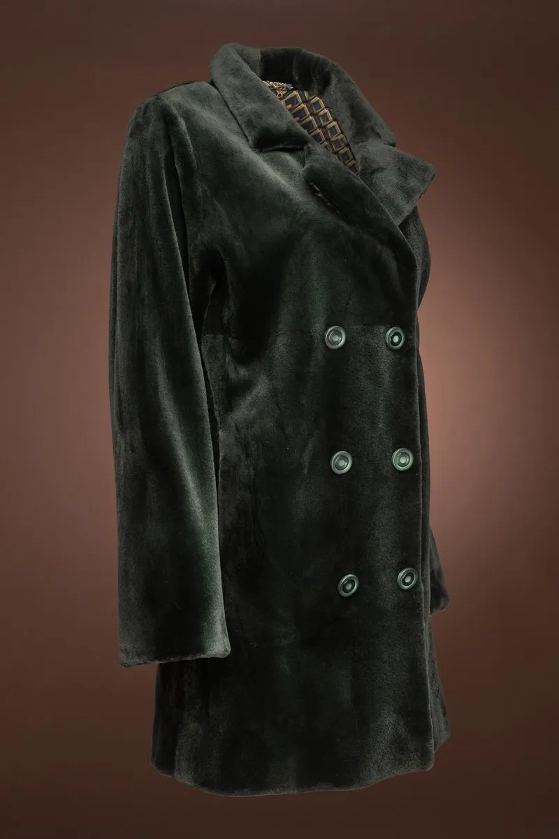 Hunter Green Sheared Mink Fur Pea Coat