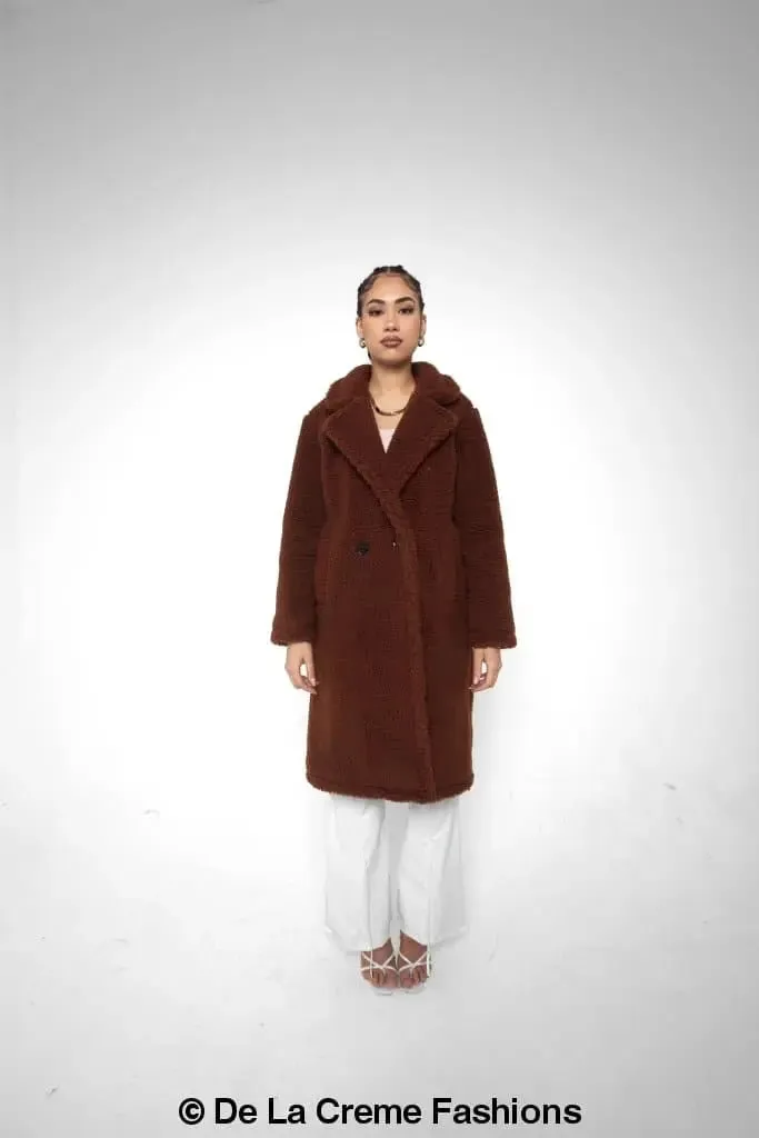 Jackie Double Breasted Borg Teddy Midi Coat